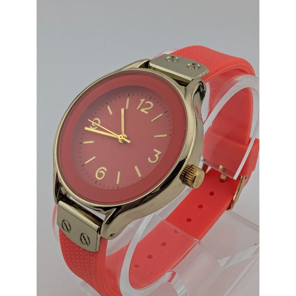 MSPCI Watch Women 36mm Gold Case Coral Silicone Band- New‎ Battery